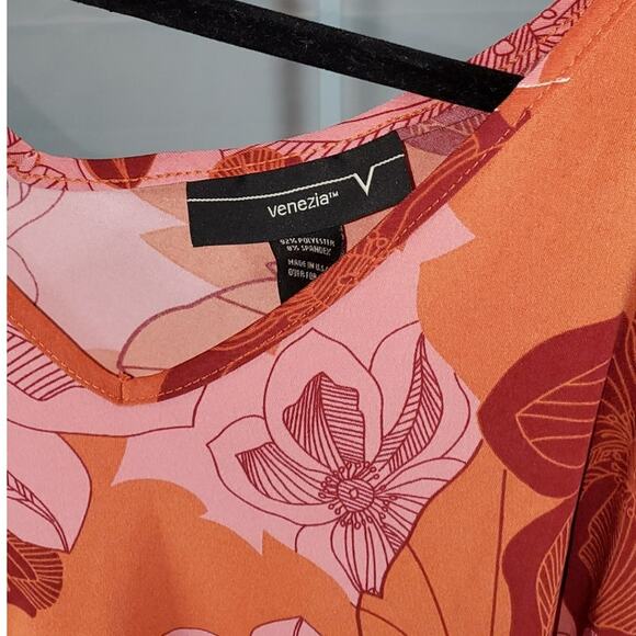 Venezia Women’s Floral Blouse – Pink/Orange Print, V-Neck, Size 18/20 - Picture 4 of 5